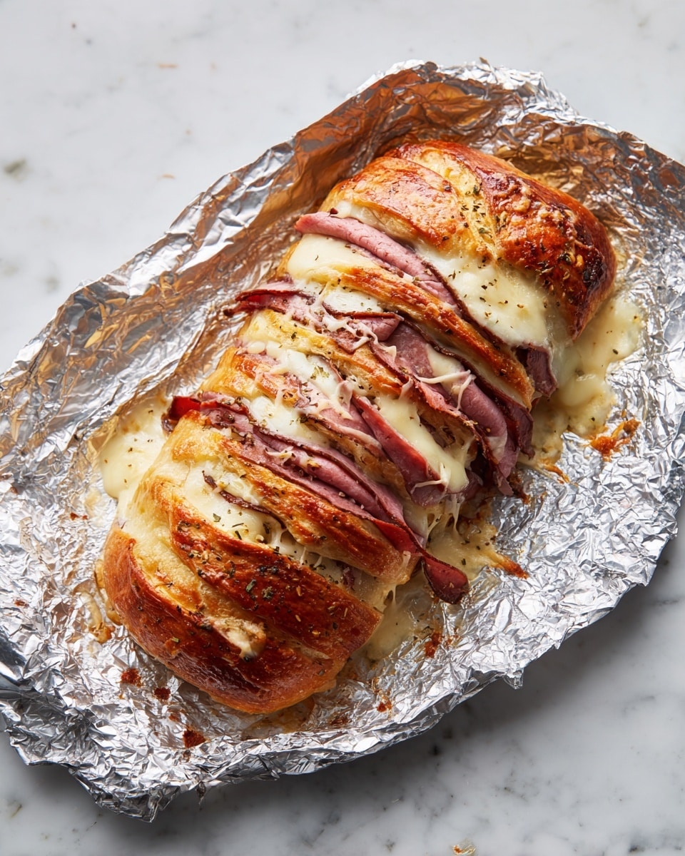 A golden brown braided bread sits on a crumpled piece of aluminum foil against a white marbled surface. The bread is cut into eight thick segments, revealing layers of thinly sliced roast beef and melted white cheese oozing between each plump braid. The edges of the bread have a slightly crispy texture with some toasted spots, and the thin slices of roast beef are dark pink with charred edges, folded loosely and peeking from the gaps in the braid. The melted cheese stretches slightly, adding a creamy contrast to the bread's crusty surface. photo taken with an iphone --ar 4:5 --v 7