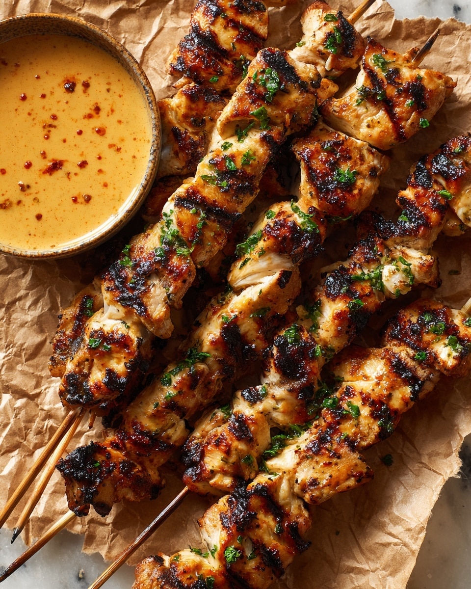 Several skewers hold grilled chicken pieces with a shiny, caramelized glaze in golden brown and dark charred spots. The chicken is cut into medium chunks arranged tightly on the skewers, showing juicy and tender textures. On the top right, smaller pieces of grilled chicken with a similar glaze rest loosely. To the left, a round metal container holds a creamy sauce with an orange tint and small red flakes. The food sits on crinkled brown parchment paper over a white marbled texture. Small green herb bits are scattered lightly over the chicken. photo taken with an iphone --ar 4:5 --v 7