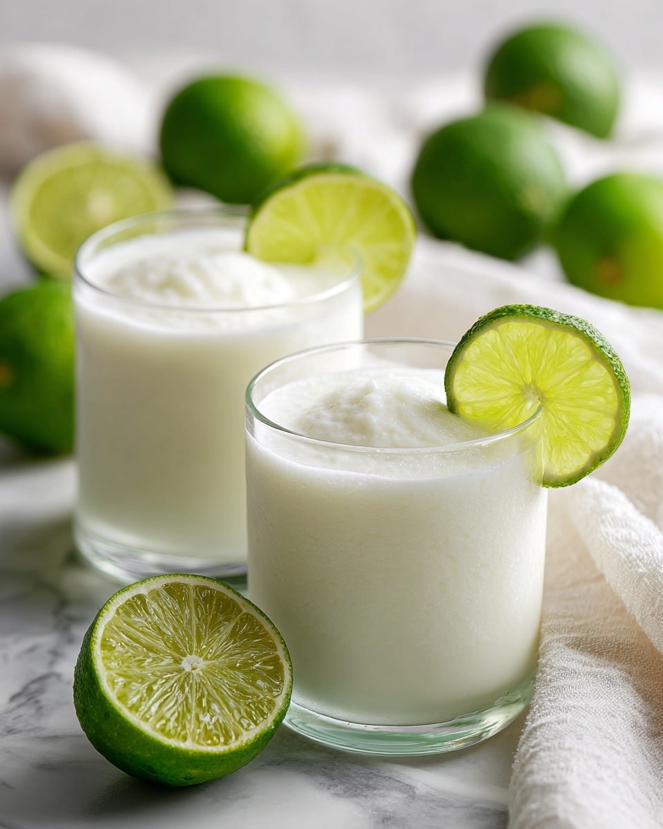A tall clear glass filled with a creamy white drink topped with a smooth frothy layer, garnished with a fresh bright green lime slice placed on the rim. Behind the glass, there are whole and halved shiny green limes resting on a white marbled surface, adding a fresh and vibrant feel to the image. The lighting highlights the creamy texture and the moist surface of the lime slice, creating a fresh and inviting look. photo taken with an iphone --ar 4:5 --v 7