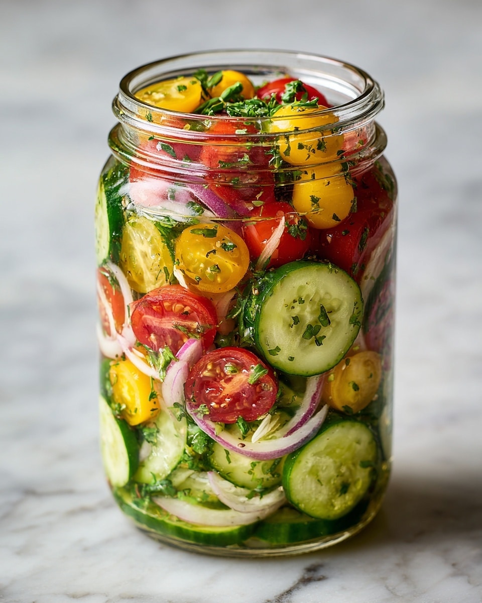 A clear glass jar filled with several layers of fresh salad ingredients is shown on a white marbled surface. The bottom layer consists of sliced cucumber rounds with green skin and pale green centers, mixed with seasoning flecks. Above them are halved red and yellow cherry tomatoes, their shiny skins contrasting with the light green cucumber slices. Thin white onion slices are scattered evenly among the vegetables, adding a translucent layer. Small dried herb flakes are sprinkled throughout the layers, enhancing the texture and visual appeal. The salad looks fresh and colorful, captured closely with bright natural light. Photo taken with an iphone --ar 4:5 --v 7