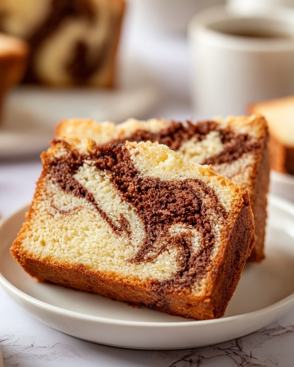 A close-up view of a slice of marble cake on a white plate, showing two main layers swirled together with light beige and rich brown colors creating a marbled pattern. The cake appears moist with a slightly crunchy crust around the edges, and the brown swirls are unevenly spread throughout the slice. The background has a blurred white marbled surface with a white cup and some more cake pieces faintly visible. The lighting is soft and natural, emphasizing the texture of the cake. Photo taken with an iphone --ar 4:5 --v 7