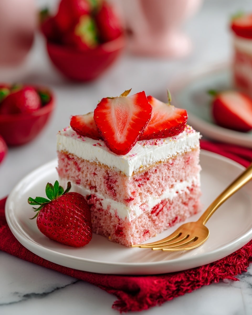 A square piece of light pink strawberry cake with a soft, fluffy texture sits on a white plate. The cake has small red strawberry pieces mixed inside the pink layer. On top of the cake is a thick layer of smooth, white cream, slightly uneven. Fresh red strawberry slices are arranged on the cream, adding a glossy, juicy look. Next to the cake on the plate, there is a whole fresh strawberry with its green top. A golden fork lies beside the cake on the plate. The plate sits on a red cloth, and the background is a white marbled texture with blurred strawberries and a white bowl filled with strawberries. Photo taken with an iphone --ar 4:5 --v 7