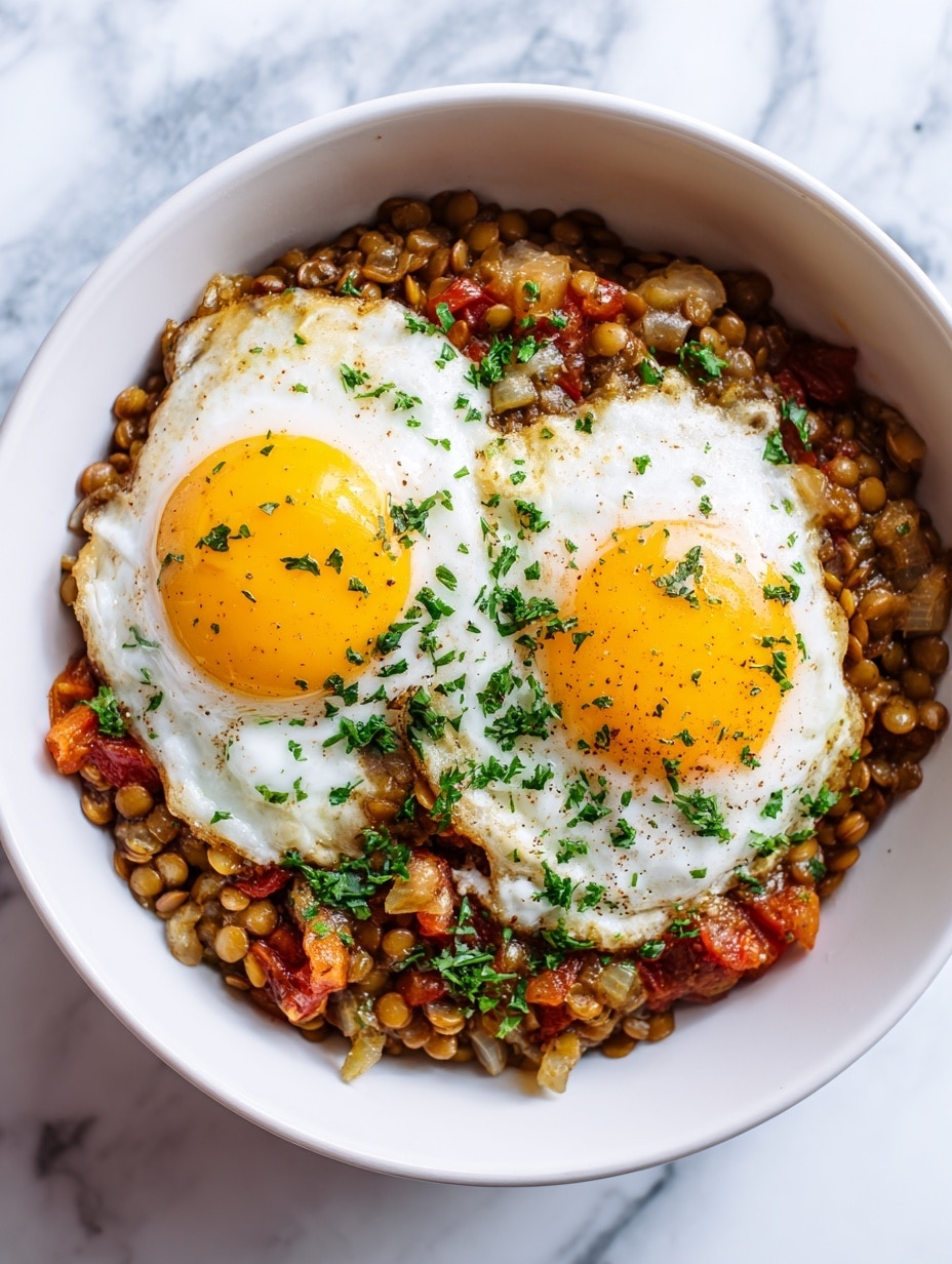 The dish shows a white bowl filled with a base layer of cooked lentils mixed with small diced red tomatoes, giving a mix of brown and red colors with a soft, textured look. On top of the lentils, there are two sunny-side-up eggs, their bright yellow yolks glossy and smooth, surrounded by cooked egg whites that are slightly firm with a soft texture. Fresh green chopped herbs are sprinkled over the eggs and lentils, adding a fresh pop of color. The bowl sits on a white marbled surface. photo taken with an iphone --ar 4:5 --v 7
