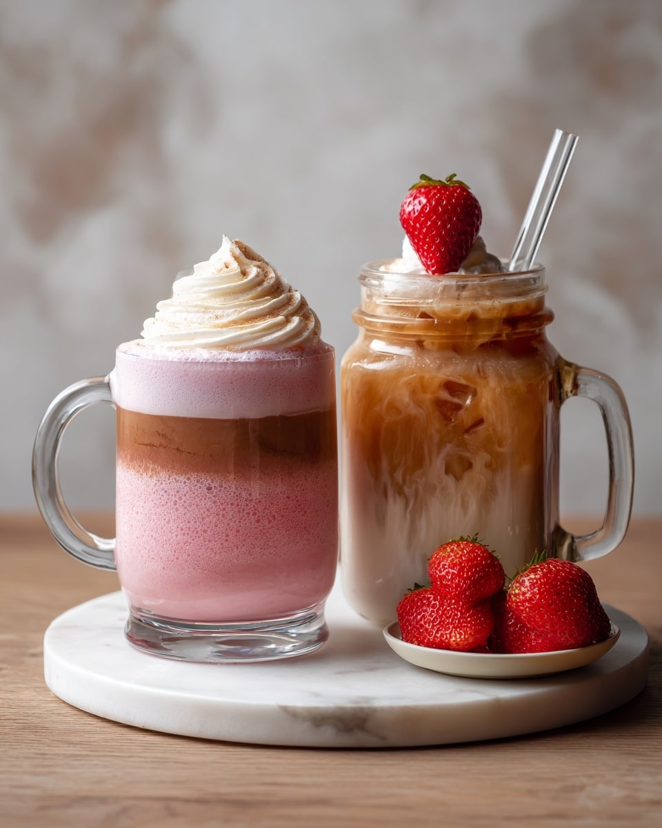 The image shows two drinks placed on a round white marble surface over a wooden table, set against a soft pink marbled background. On the left is a clear glass mug with three visible layers: a bottom layer of light pink, a middle layer of warm brown, and a top layer of light brown foam crowned by a generous swirl of white whipped cream, garnished with a bright red strawberry on the rim. On the right is a clear glass shaped like a can filled with iced milk tea, showing three layers from bottom to top: a solid light pink base, a creamy beige middle mixed with ice cubes, and a darker brown top, also decorated with a bright red strawberry on the rim. In the lower left corner, a white bowl filled with pink yogurt and strawberries is partially visible. photo taken with an iphone --ar 4:5 --v 7