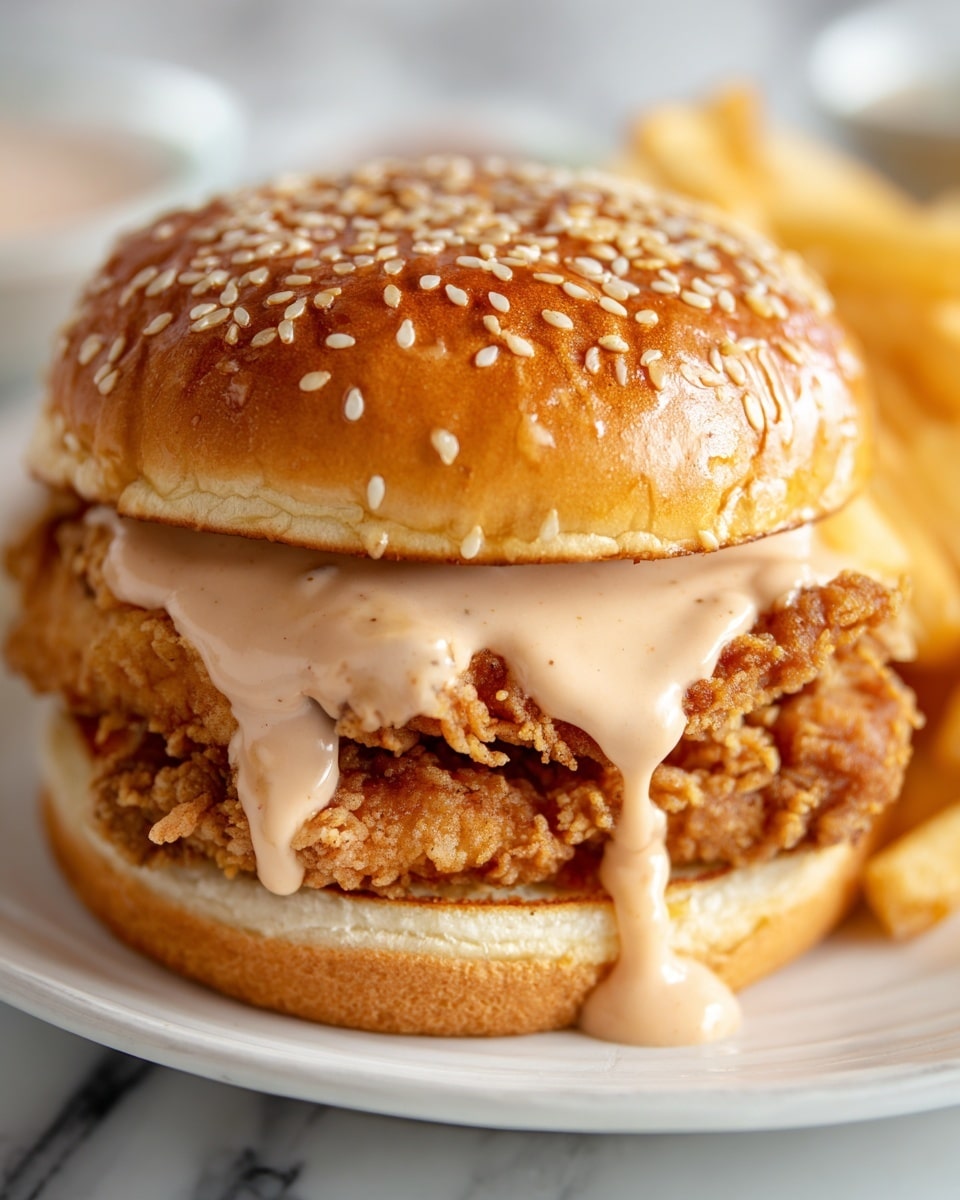 A close-up view of a sandwich with three layers visible inside a shiny sesame seed bun; the bottom layer is a thick, golden-brown fried chicken fillet with a crispy texture, the middle layer is a slice of creamy white cheese, and the top layer is a thick, light pink sauce dripping down the sides. The sandwich is placed on a white plate, with crinkled golden fries in the background on a white marbled surface. Photo taken with an iphone --ar 4:5 --v 7