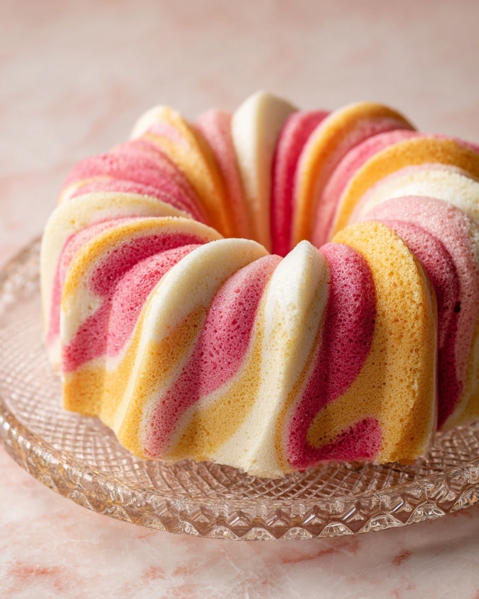 The image shows a swirled, multi-colored cake in the shape of a bundt with a smooth, soft texture. The cake has three main colors layered and mixed together: creamy white, light pink, and pale yellow, all blending in a marbled pattern that follows the twists and curves of the bundt shape. The cake sits on a clear glass plate with a subtle pattern, placed on a white marbled surface. The light highlights the cake's soft, fluffy texture and the gentle color transitions, giving it a delicate and inviting look. Photo taken with an iphone --ar 4:5 --v 7
