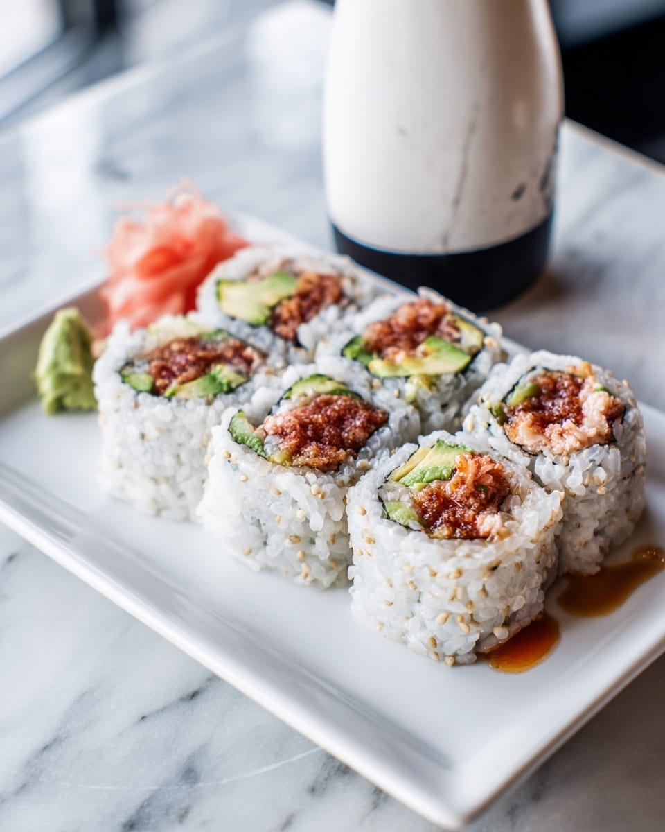 A white square plate holds six sushi rolls arranged closely together, each roll showing a white rice outer layer with specks of grain, enclosing a dark seaweed layer inside. The rolls are filled with a mix of green avocado, light pink crab stick, and a deep reddish-brown cooked filling that looks saucy and textured. Behind the rolls, a white bottle with a black bottom section and some sauce residue on its top half leans against the plate. The background is a white marbled surface but appears black in the photo. Photo taken with an iphone --ar 4:5 --v 7