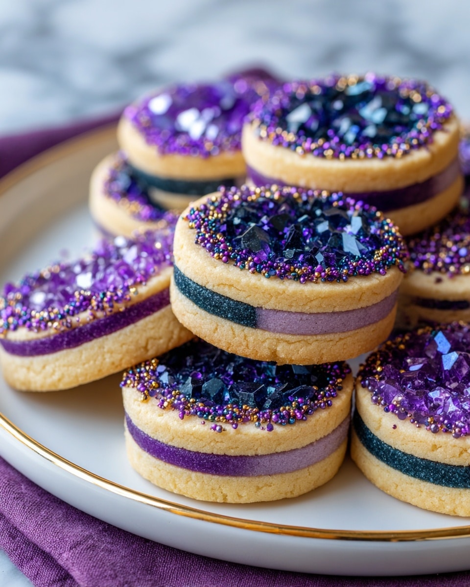 The image shows round cookies designed to look like geodes. Each cookie has about five visible layers, starting from a light cream outer layer followed by alternating stripes of deep purple, blue-black, and a mix of purple and blue rings. The center of each cookie is filled with shiny, crystalline decorations in bright purple and blue, mimicking a sparkling geode. Around the edges of the cookies, there are dark sprinkles adding texture. The cookies are placed on a white plate with a gold-trimmed edge, set on a white marbled surface covered partially by a purple cloth. Photo taken with an iphone --ar 4:5 --v 7