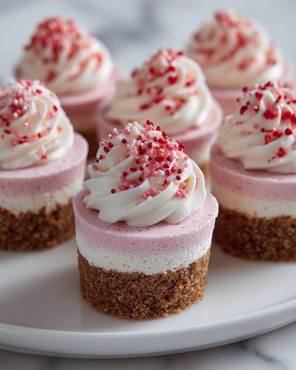 The image shows small layered dessert cups arranged neatly on a white plate, each one featuring three layers. The bottom layer is a crumbly brown crust that looks crunchy. Above the crust is a thick, smooth pink layer that appears creamy and soft. The top layer is a swirl of white whipped cream, generously decorated with sprinkles that are pink and red. Each dessert has a detailed texture, from the rough crust to the fluffy cream. The background has a white marbled texture. photo taken with an iphone --ar 4:5 --v 7