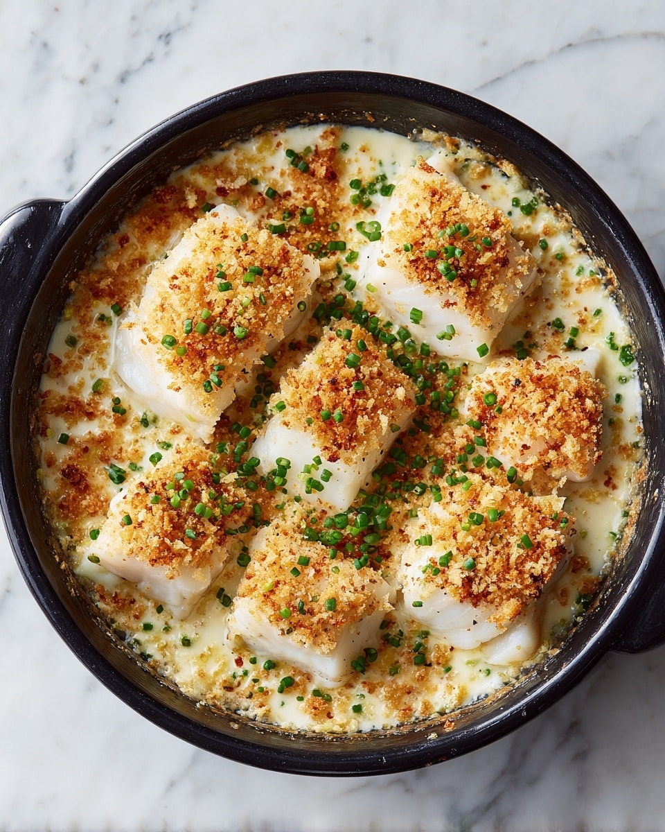 The dish is in a round black pan with orange handles, placed on a white marbled surface. It has a creamy mashed potato base layer, smooth and pale yellow in color. On top, there are several large pieces of white fish fillet arranged evenly. The fish is covered with a golden-brown crunchy breadcrumb topping sprinkled with small green chives, creating a mix of textures and colors. The breadcrumbs show spots of deeper brown where they are toasted. photo taken with an iphone --ar 4:5 --v 7