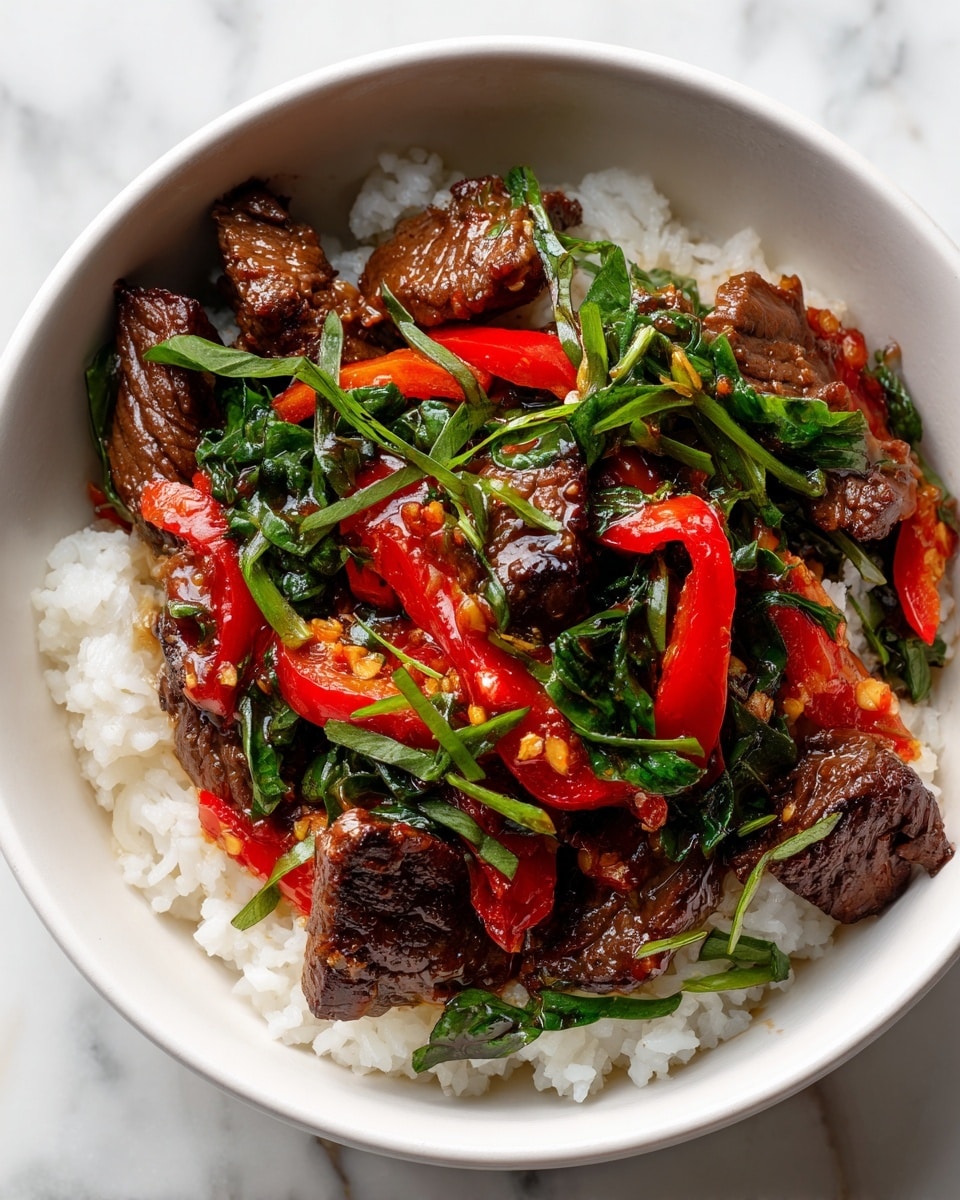 A bowl of white rice forms the bottom layer with soft, fluffy grains visible. On top of the rice, there is a generous layer of stir-fried beef slices that are rich brown and glossy, mixed with bright red bell pepper strips, thinly sliced caramelized onions, and fresh dark green leafy vegetables. The beef and vegetables are coated with a shiny sauce that adds a slight gloss to the dish. The bowl is white and sits on a white marbled surface. photo taken with an iphone --ar 4:5 --v 7