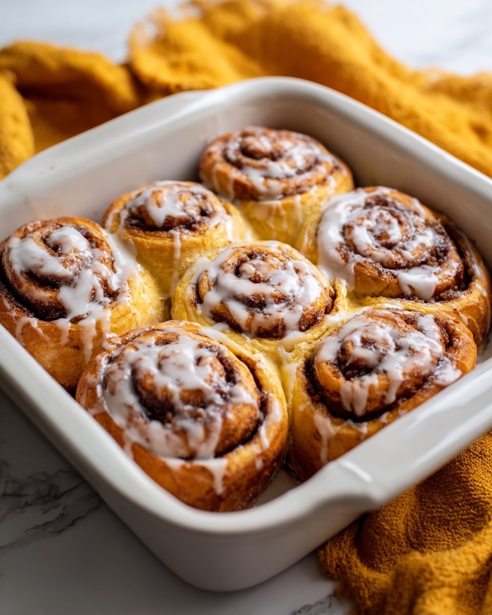Six cinnamon rolls sit tightly packed in a white rectangular baking dish on a white marbled surface. Each roll has a clear spiral shape showing dark brown cinnamon sugar filling in its swirls. The dough is soft and light golden brown, with a smooth texture. A white glaze is lightly drizzled over the tops, some melting down the sides, adding a shiny, creamy layer to the rolls. In the background, there is a soft, out-of-focus warm yellow cloth. photo taken with an iphone --ar 4:5 --v 7
