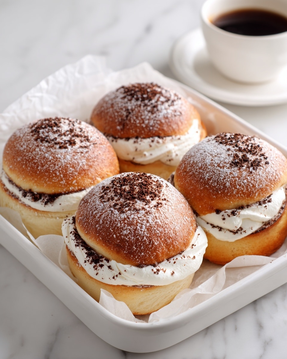 Four round cream-filled buns are placed closely together in a white rectangular dish, each bun having two layers: a golden-brown bottom layer with a shiny surface and a thick middle layer of smooth, white cream filling that slightly oozes out. The top layer is a slightly browned bun dusted with powdered sugar and topped with a generous sprinkle of dark brown crumbly bits. The dish sits on a wooden board over a white marbled surface, with a cup of black coffee blurred in the background. photo taken with an iphone --ar 4:5 --v 7