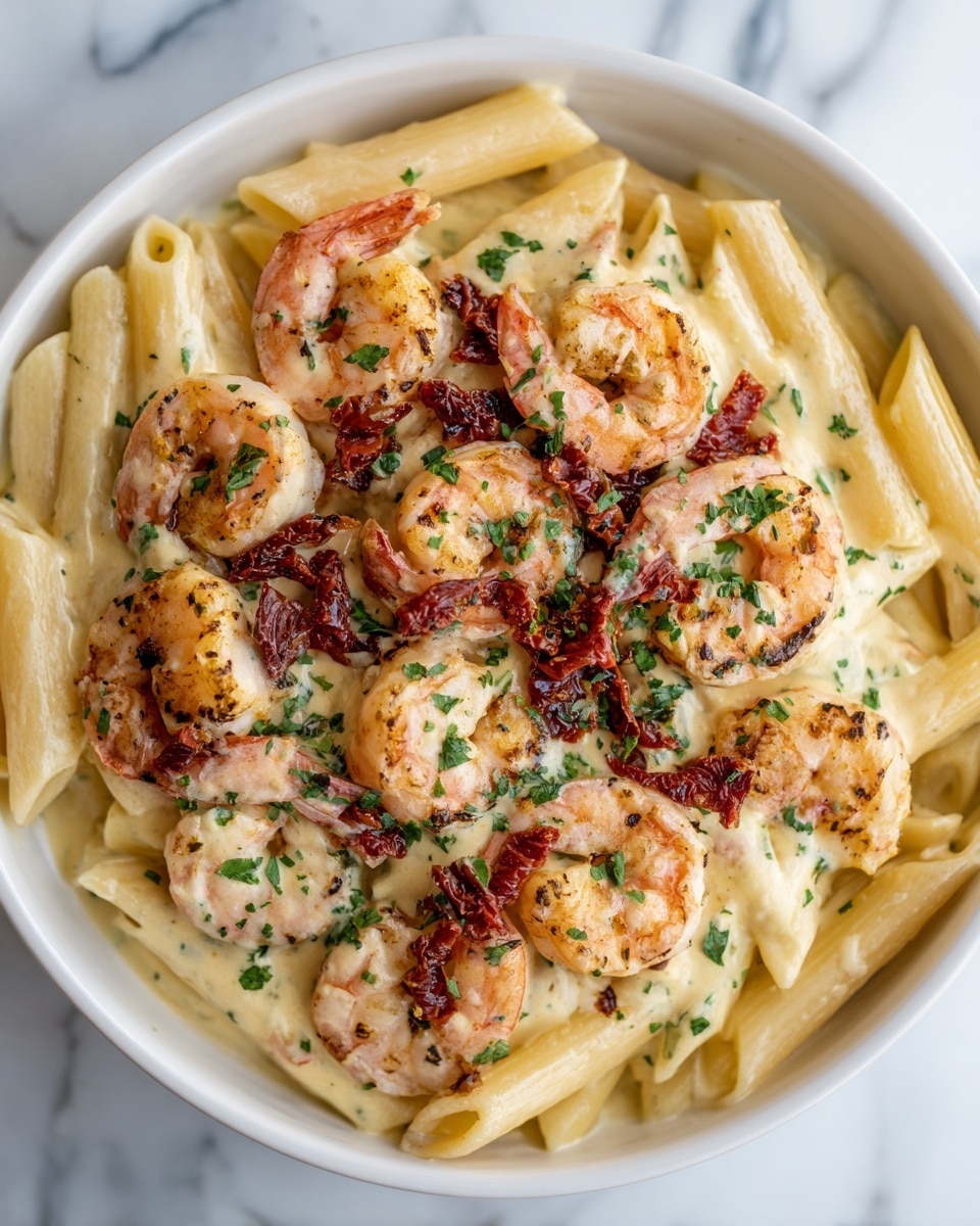 A large white bowl filled with creamy pasta topped with many cooked shrimp, each pink and curled, scattered evenly over the surface. The pasta beneath is penne, coated in a light creamy sauce with visible bits of red tomato and herbs mixed in. The dish has small green herb sprinkles spread across the top, adding contrast. The background is a white marbled texture. Photo taken with an iphone --ar 4:5 --v 7