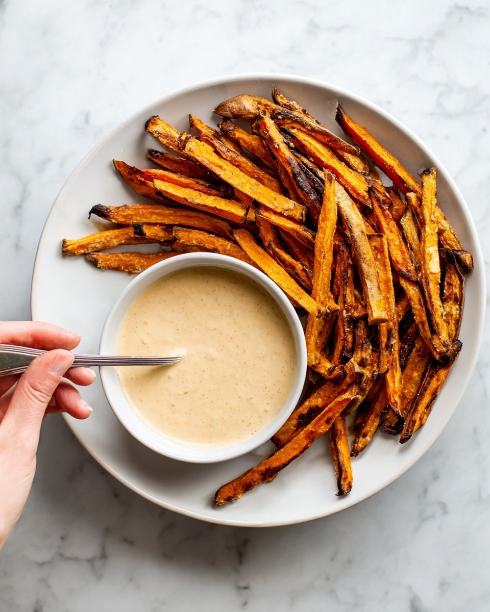 The image shows a pile of roasted carrot fries with a slightly charred, crispy orange texture. On the top left corner, there is a small white bowl filled with creamy light brown sauce, with a spoon resting inside it. The carrot fries are spread on crumpled white paper sitting on a white marbled surface, with some fries overlapping each other in a casual arrangement. A woman's hand is just visible, reaching toward the bowl of sauce. Photo taken with an iphone --ar 4:5 --v 7