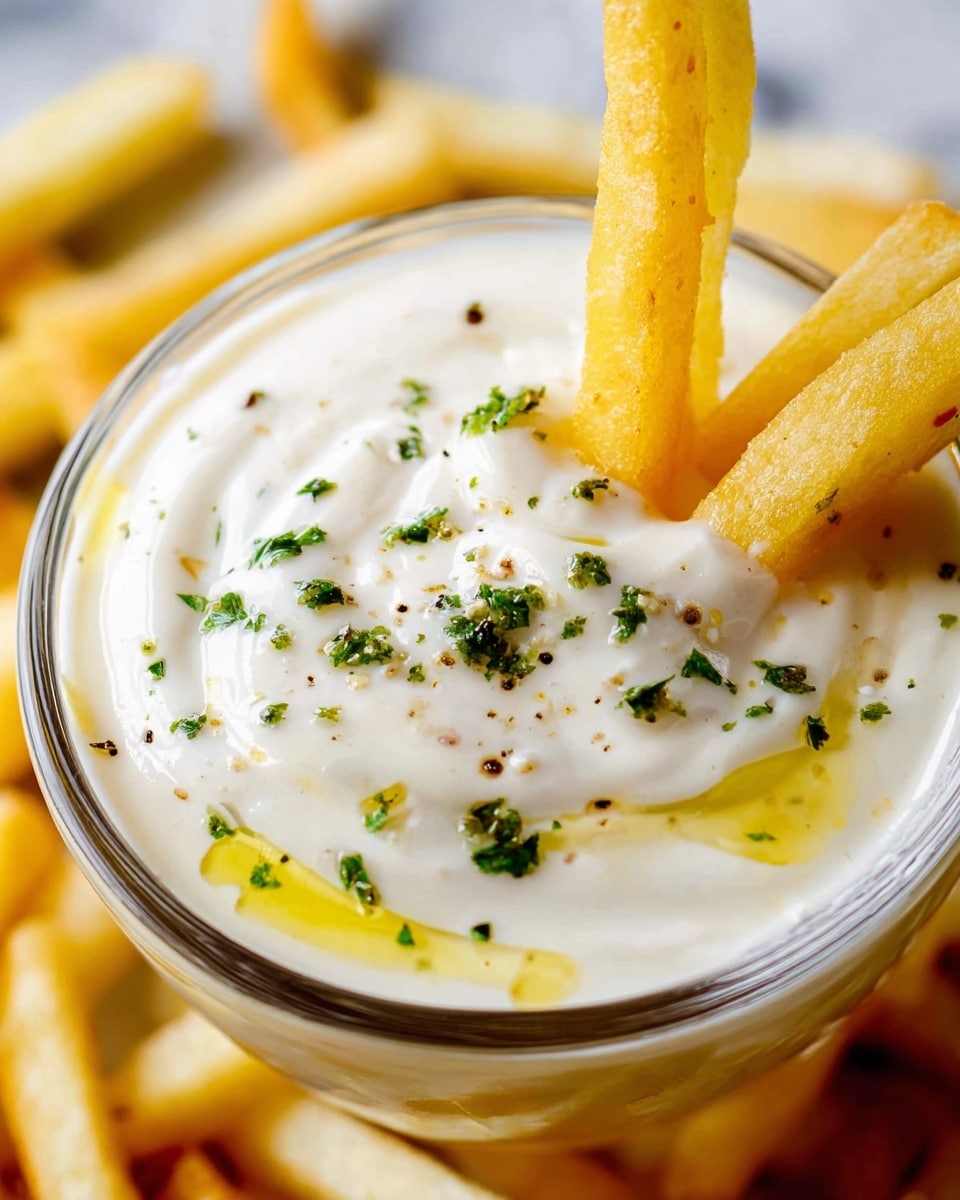 A close-up of a small white bowl filled with smooth, thick white dip, swirled on top with drizzles of golden oil and sprinkled with small bits of chopped green herbs and black pepper. Two golden-yellow French fries with a crispy texture are partially dipped into the creamy dip, resting on the left side of the bowl. The bowl sits on a white marbled surface with more fries slightly blurred in the background. photo taken with an iphone --ar 4:5 --v 7