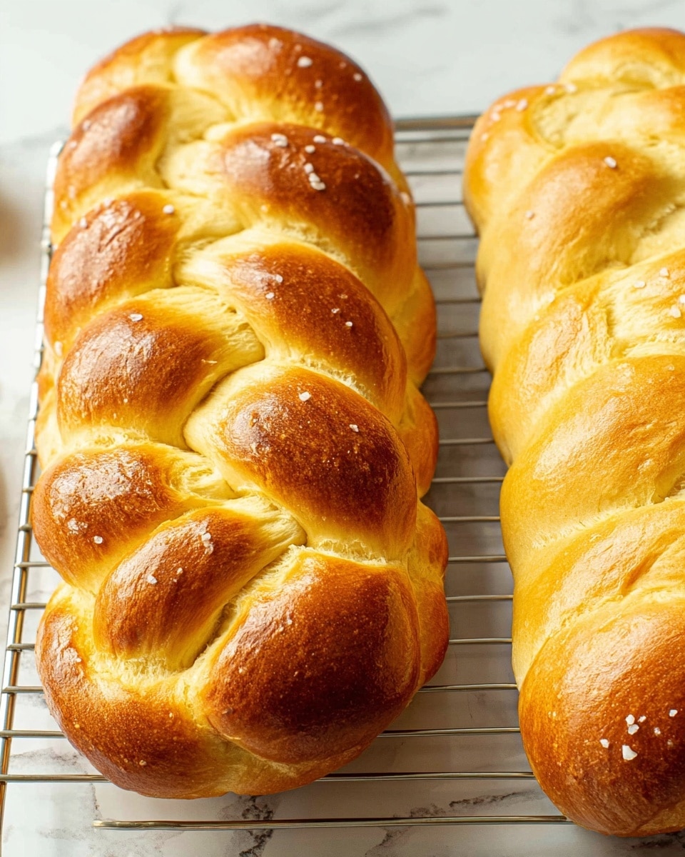 Two golden brown braided loaves of bread rest side by side on a cooling rack. Each loaf has three thick strands woven together, with the outer surface showing a shiny, slightly crisp crust sprinkled with coarse salt. The braids have a soft, fluffy texture inside, visible in the lighter areas between the glossy strands. The loaves are positioned on a white marbled surface that contrasts with the bread’s warm color. Photo taken with an iphone --ar 4:5 --v 7