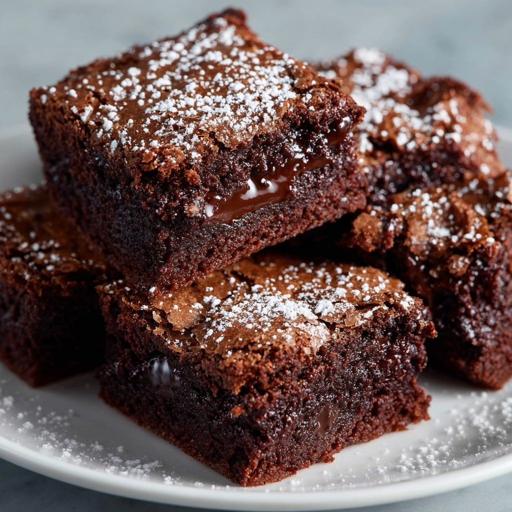 A close-up of a chocolate brownie square placed on a white plate, showing three visible layers: the top is a lightly cracked, dark brown crust with a sprinkle of powdered sugar, the middle is a moist, gooey chocolate layer with a glossy texture and a few visible chocolate chunks, and the bottom is a dense, rich chocolate base. The surface under the plate is a white marbled texture. Photo taken with an iphone --ar 4:5 --v 7