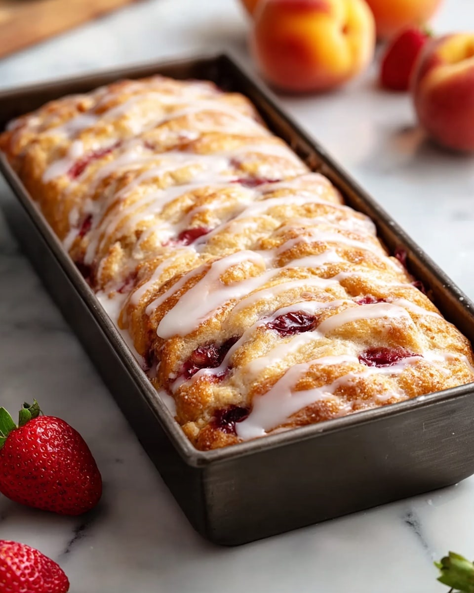 A golden-brown baked pastry with a soft, fluffy texture sits in a black rectangular baking pan. It has visible swirls and pockets of red fruit filling scattered unevenly throughout the top layer. A thin white glaze lightly covers the surface, adding a slight shine and highlighting the uneven, risen top. The background is a white marbled texture with blurred peaches and strawberry slices nearby. photo taken with an iphone --ar 4:5 --v 7