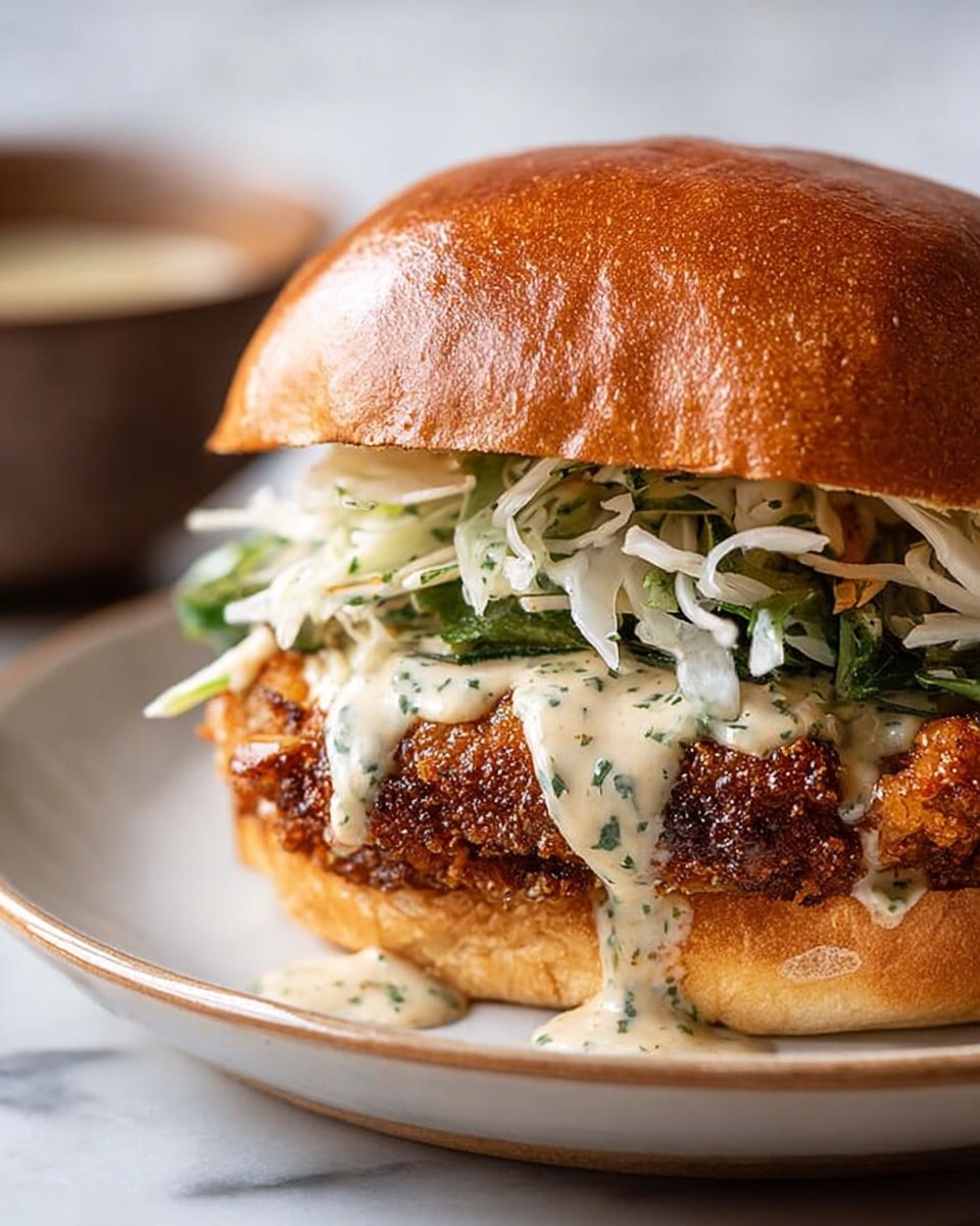 A close-up view of a sandwich with a golden brown toasted bun on top, a crispy fried patty with a dark golden crust in the middle, topped with a layer of shredded white cabbage mixed with green leafy vegetables, and completed with a drizzle of creamy light yellow sauce with green herbs that slightly drips over the edges. The sandwich sits on a white plate placed on a white marbled surface, and in the blurred background, there is a white bowl with some green and white ingredients visible. photo taken with an iphone --ar 4:5 --v 7