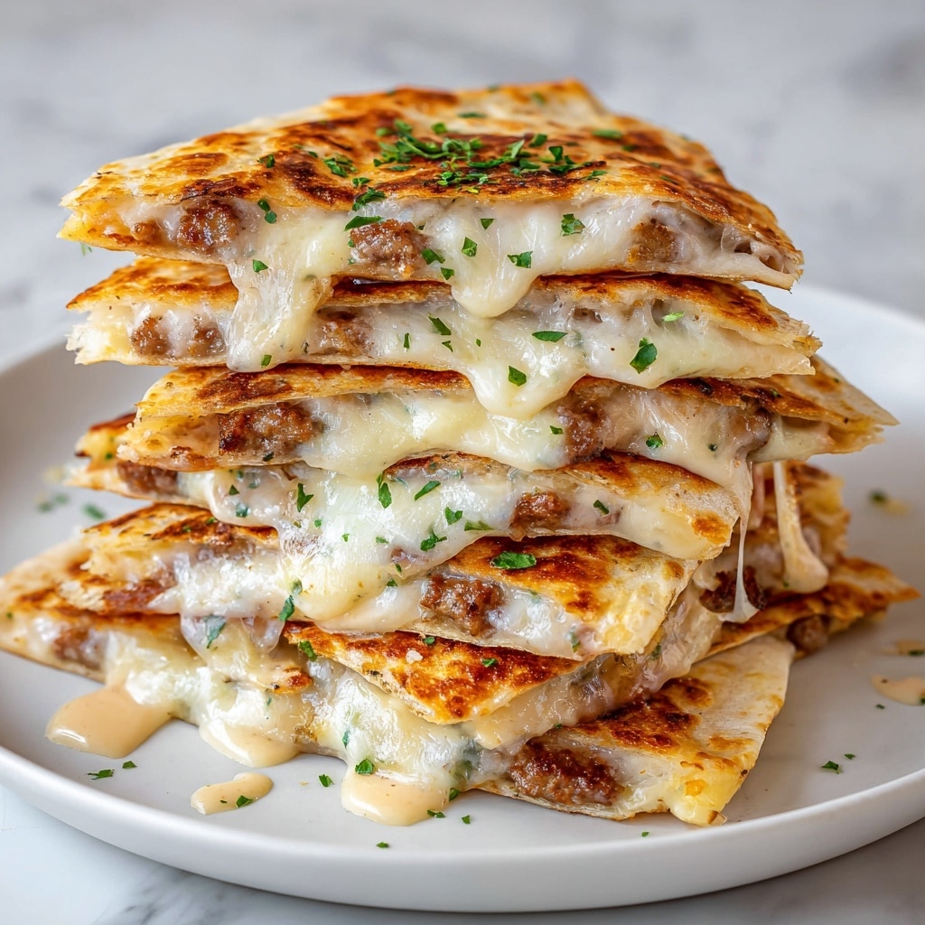 A stack of five quesadilla slices arranged irregularly on a white plate with visible melted cheese stretching between the layers. Each quesadilla layer shows a golden-brown crispy tortilla with gooey cheese and small bits of red and brown fillings like sausage or beans, some melted cheese dripping down the sides. The top layer is sprinkled lightly with chopped green herbs. The plate sits on a white marbled surface with a warm, soft light highlighting the textures and colors. Photo taken with an iphone --ar 4:5 --v 7