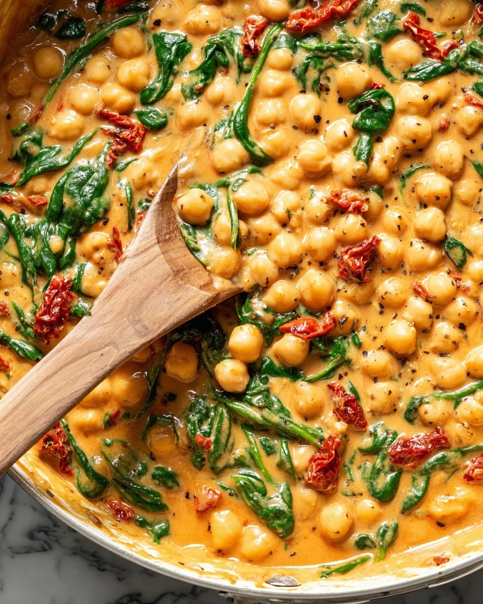 The image shows a creamy chickpea curry in a white skillet, filled with three main layers: a thick, rich orange sauce as the base, scattered whole chickpeas adding round, soft yellow shapes, and bright green spinach leaves mixed evenly throughout, with small red chili pieces adding a pop of color. A wooden spatula is partially dipped into the curry, showing some sauce covering its flat surface. The skillet sits on a white marbled textured surface, and a piece of light-colored bread is partially visible at the edge. Photo taken with an iphone --ar 4:5 --v 7