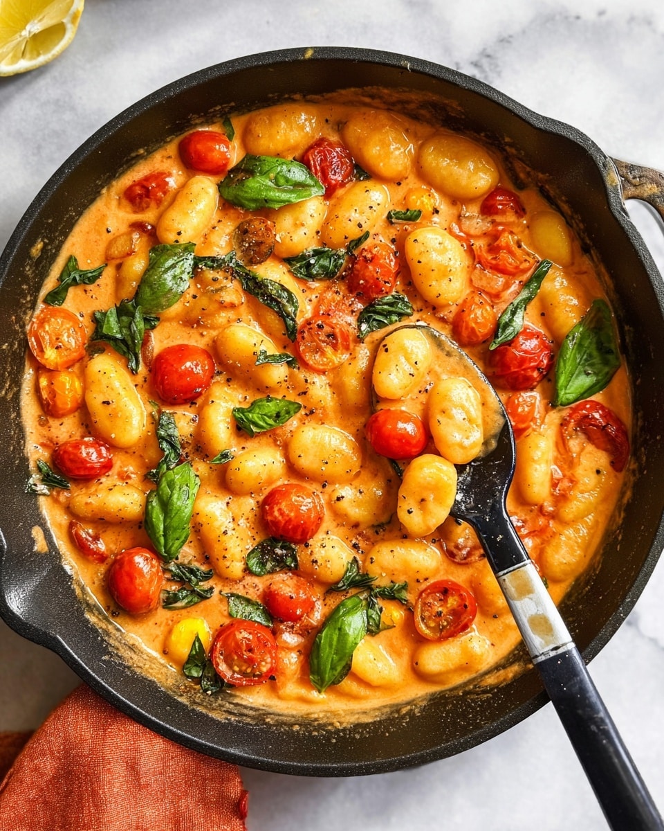 A close-up view of a black skillet filled with a creamy orange sauce dish with multiple layers of gnocchi, bright red and orange cherry tomato halves, and fresh green basil leaves scattered throughout. The gnocchi are soft and plump, coated in the sauce. The fresh basil leaves add a vibrant contrast to the warm tones of the sauce and tomatoes. A black spoon is placed inside the skillet, partially submerged in the sauce, and a small part of a lemon slice is visible on the white marbled surface next to the skillet. photo taken with an iphone --ar 4:5 --v 7