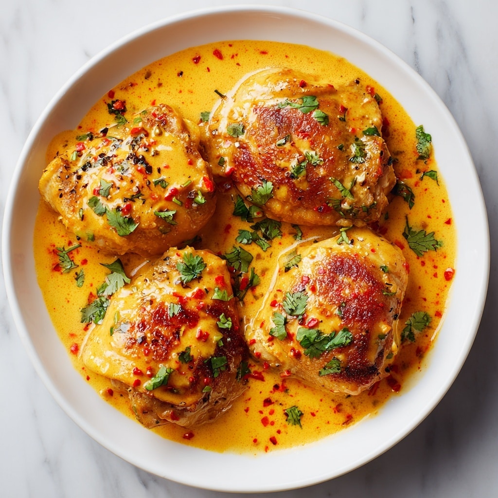 The image shows four pieces of cooked chicken covered in a thick, creamy, orange-brown sauce with visible bits of red pepper and green herbs sprinkled on top. The chicken pieces have a slightly shiny texture, and the sauce looks rich and smooth, pooling gently around the chicken. The colors contrast nicely with the finely chopped green herbs scattered across the dish. The overall look is warm and appetizing, suggesting a flavorful and saucy chicken meal. The photo taken with an iphone --ar 4:5 --v 7