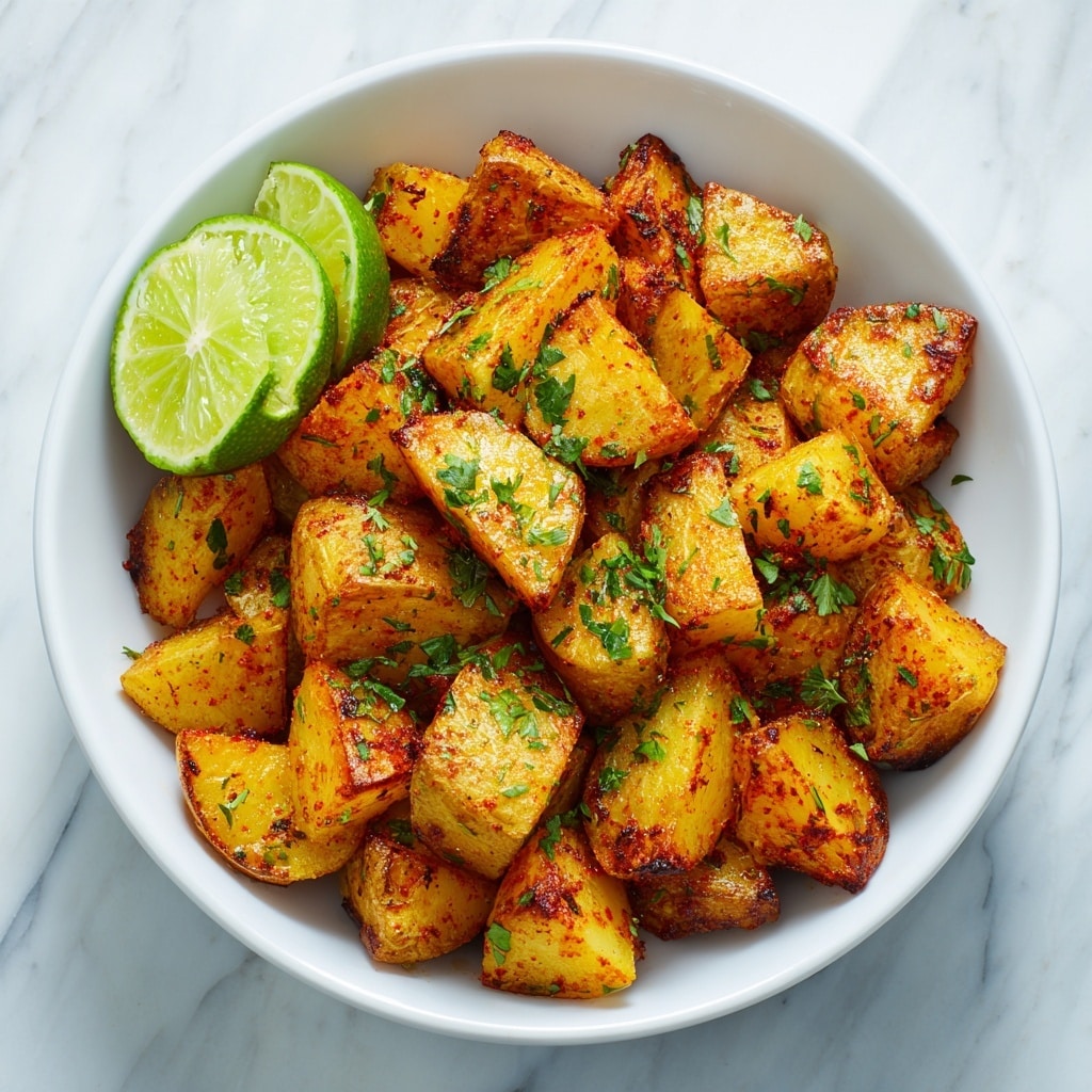 A white bowl filled with golden-brown roasted potato cubes that have a crispy texture, sprinkled with red spices and chopped green herbs on top. A wedge of lime rests on the side inside the bowl. The bowl is set on a white marbled surface, and the warm colors of the potatoes contrast with the fresh greenery of the herbs and lime. photo taken with an iphone --ar 4:5 --v 7