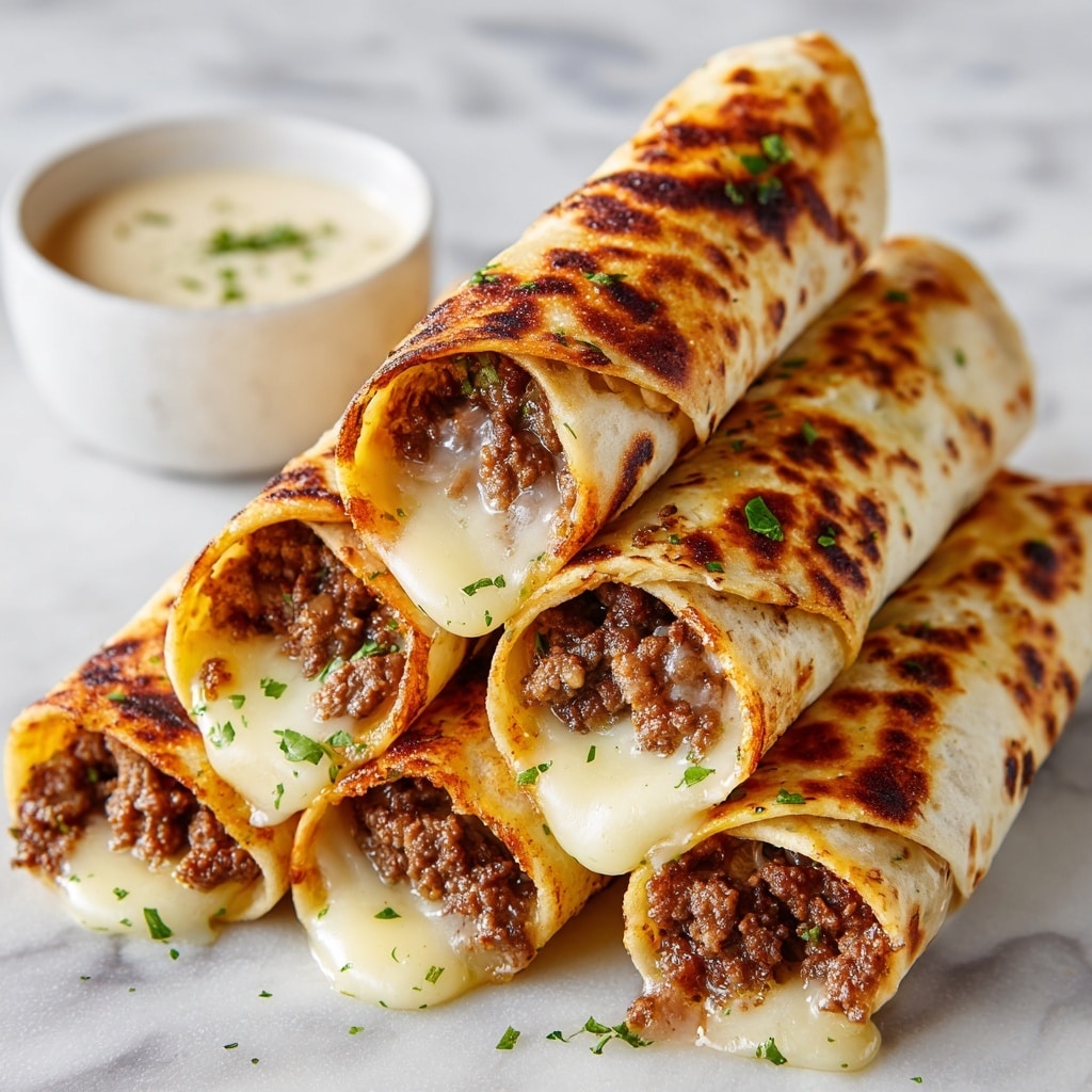 The image shows a stack of rolled tortillas filled with seasoned ground beef and melted cheese. There are six rolled tortillas, arranged in a pyramid shape with three on the bottom, two in the middle, and one on top. The tortillas are golden brown with a slightly crispy texture, and the melted cheese is stretching slightly from the open ends, showing a stretchy white color mixed with browned spots. The ground beef inside is dark brown and crumbly. The background is a white marbled texture, adding a clean and simple look. photo taken with an iphone --ar 4:5 --v 7