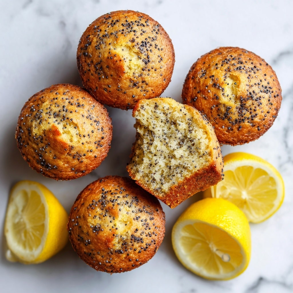 The image shows a close-up of five light golden muffins with a soft texture and small black poppy seeds sprinkled on top. One muffin is bitten, revealing a moist inside with airy crumb. Around the muffins, there are bright yellow lemon halves with visible juicy segments, adding a fresh and zesty look. The muffins and lemons rest on a white marbled surface that adds a clean and elegant background. Photo taken with an iphone --ar 4:5 --v 7