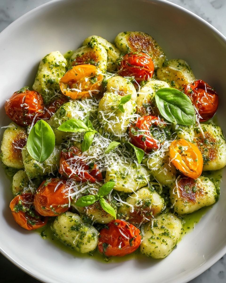 A white shallow bowl holds a dish of golden-browned gnocchi covered in a bright green pesto sauce that coats each piece evenly. Scattered among the gnocchi are roasted cherry tomatoes with wrinkled, deep red and orange skins, adding vibrant color. Fresh green basil leaves are placed on top, providing a fresh and leafy texture. The dish is finished with a light sprinkle of finely grated white cheese, adding a delicate dusting over the gnocchi and tomatoes. The bowl sits on a white marbled surface, giving a clean and bright setting. photo taken with an iphone --ar 4:5 --v 7