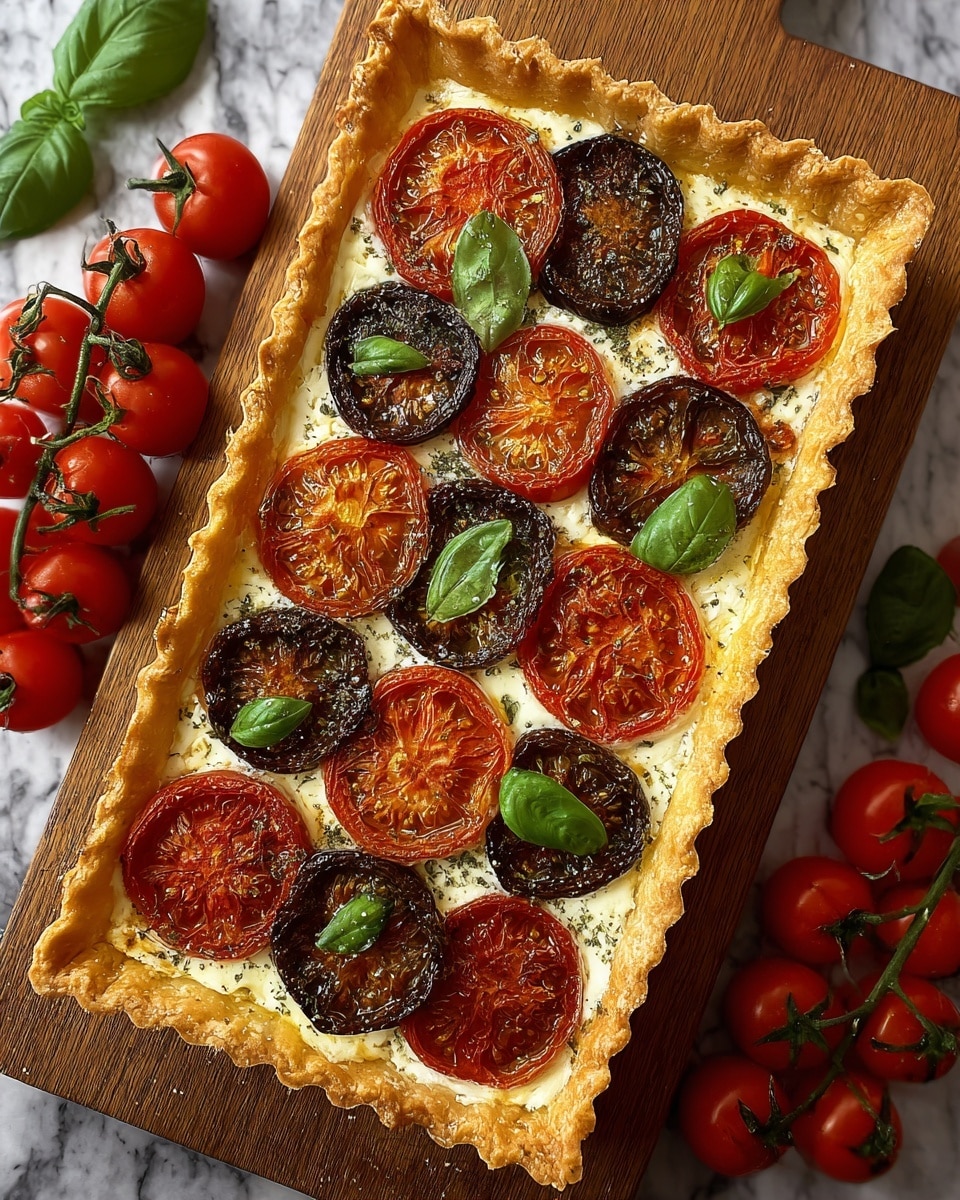 A rectangular tart with a golden, flaky crust holds a creamy white cheese filling topped with alternating layers of red and dark purple roasted tomato halves, arranged neatly across the top. Bright green fresh basil leaves are scattered on top, adding a pop of color against the creamy and roasted tomato surface. The tart sits on a wooden board surrounded by fresh vibrant red cherry tomatoes on their stems, all placed on a white marbled textured surface. photo taken with an iphone --ar 4:5 --v 7
