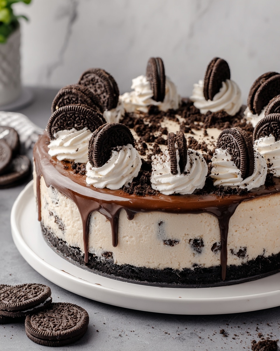 A round Oreo cheesecake with three visible layers sits on a white plate on a white marbled surface. The bottom layer is dark and crumbly, made of crushed Oreo cookies. The middle layer is thick, creamy, and pale with small Oreo pieces mixed inside, giving a speckled look. The top layer is a smooth, shiny chocolate glaze that slightly drips down the sides. On top, there are evenly spaced swirls of white whipped cream, each topped with a halved Oreo cookie and some crumbled cookie bits sprinkled over the cream. The background is blurred with a hint of green. Photo taken with an iphone --ar 4:5 --v 7