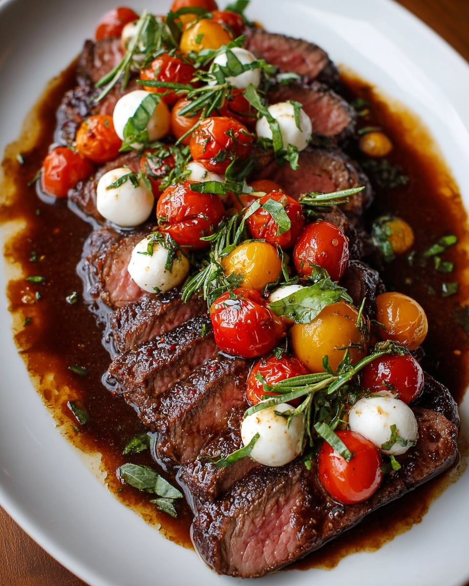A white plate holds several slices of grilled steak, arranged side by side with a medium-rare pink center and a dark charred edge. On top, there is a mixture of red and yellow cherry tomatoes, some slightly blistered, mixed with small white mozzarella balls and sprinkled with chopped green herbs. A few fresh basil and rosemary leaves add a bright green touch on top. The dish is surrounded by a glossy dark brown sauce that pools around the steak, enhancing the rich texture. The photo is taken on a white marbled surface. photo taken with an iphone --ar 4:5 --v 7