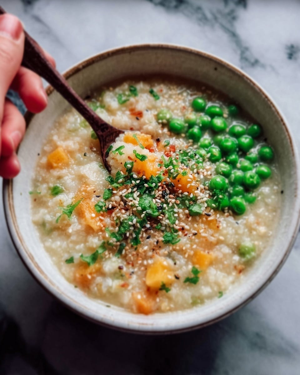 A close-up of a white bowl filled with a creamy rice porridge that has a thick texture. Inside the porridge, there are small orange cubes which look like carrots, bright green peas on one side, and tiny bits of cooked meat scattered throughout. On top, there is a sprinkle of golden toasted sesame seeds and finely chopped green herbs. A dark wooden spoon is dipping into the porridge, held by a woman's hand. The bowl rests on a white marbled surface. photo taken with an iphone --ar 4:5 --v 7