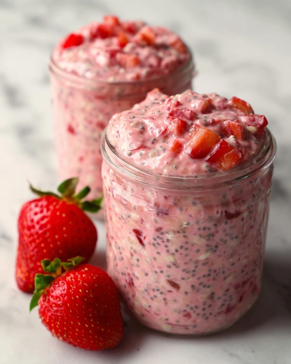 Two clear glass jars are filled with a creamy pink mixture that has visible small black chia seeds dispersed throughout. The mixture is thick and textured with chunks of red strawberries mixed in and piled on top, creating a rough, chunky surface. The jars sit on a white marbled surface, surrounded by whole fresh strawberries. The overall look is fresh and vibrant with a soft pink color dominating. photo taken with an iphone --ar 4:5 --v 7