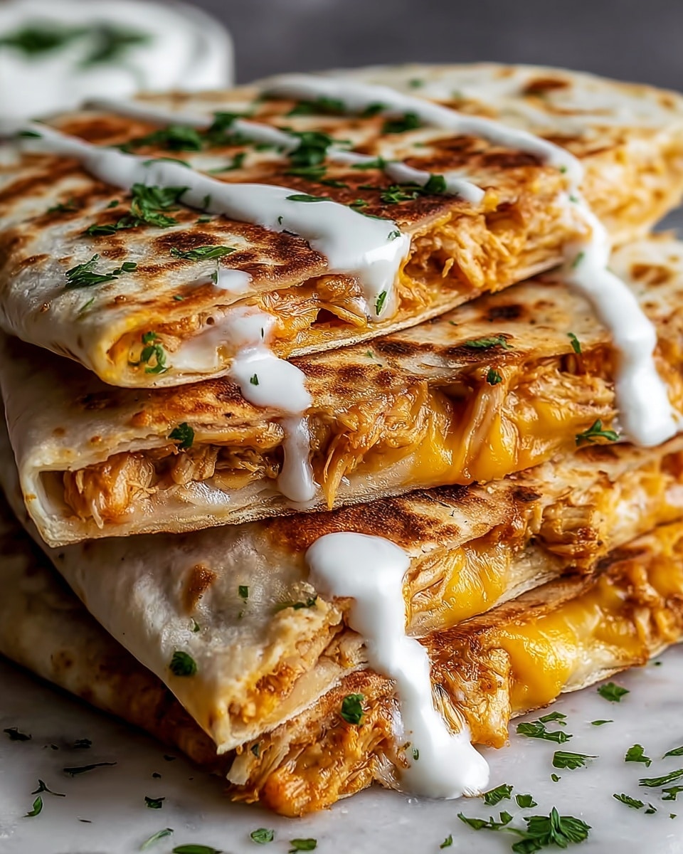 A stack of three folded quesadilla triangles sits closely together, each layer showing a toasted, golden brown tortilla outer layer with slightly crispy edges. Inside, shredded white chicken mixed with melted orange cheese is visible, adding a rich texture to each piece. White creamy sauce is drizzled over the top and sides, with small green herb pieces sprinkled lightly for color contrast. The background is a white marbled texture that complements the food's warm tones. photo taken with an iphone --ar 4:5 --v 7