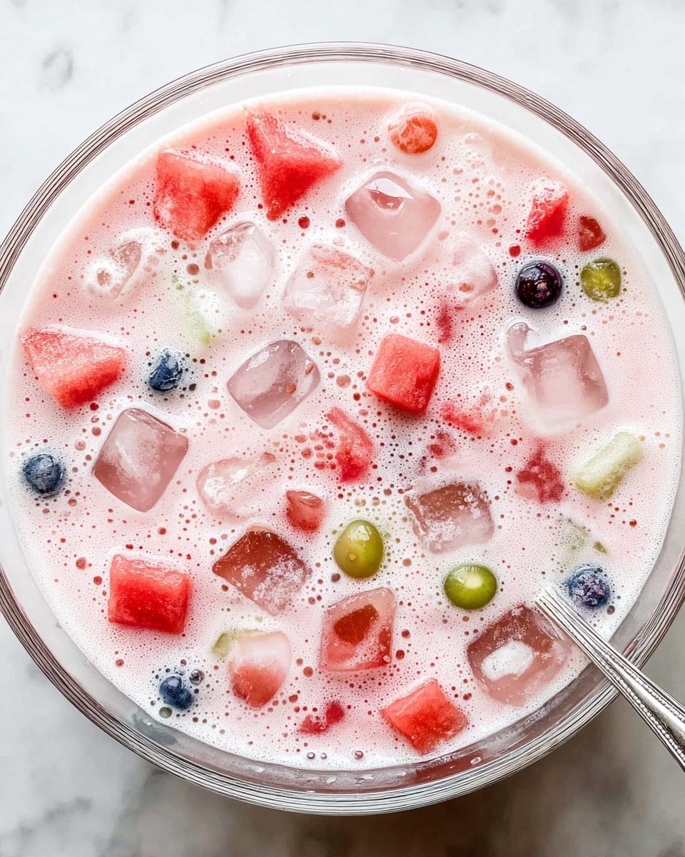 A close-up view of a white bowl filled with a creamy pink liquid that has a foamy texture on top. Floating inside are small colorful fruit chunks in red, green, yellow, and a single dark blue piece, along with several clear ice cubes scattered throughout. There's a silver spoon resting on the right side of the bowl, partially submerged in the drink. The bowl is placed on a white marbled surface. photo taken with an iphone --ar 4:5 --v 7