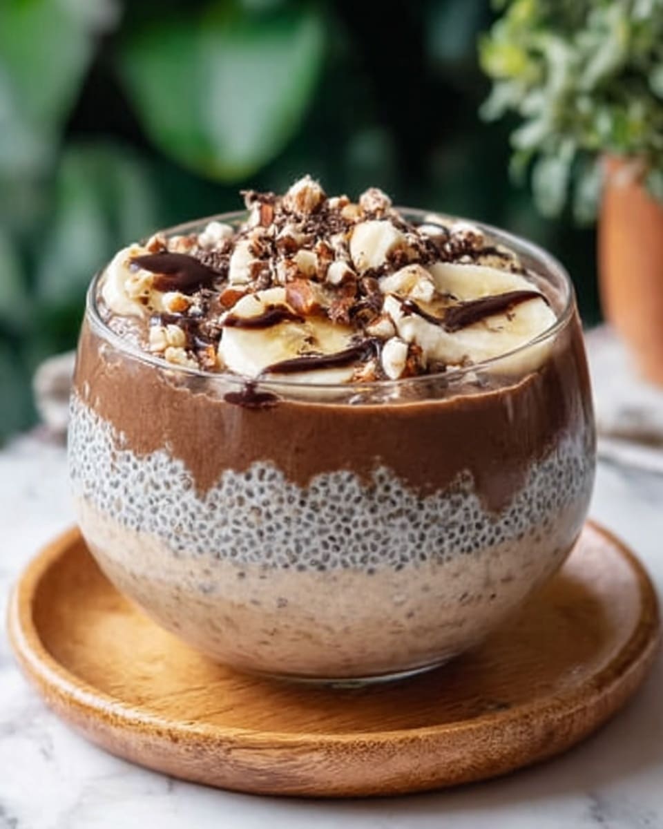The image shows a clear glass bowl with three visible layers. The bottom layer is a creamy light color with small black seeds spread evenly. The middle layer is a thick, smooth light brown cream. On top, there is a scoop of white cream or ice cream covered with dark chocolate syrup and small chocolate chips. The bowl is placed on a round wooden plate on a white marbled surface. A blurred background of green plants is seen in soft focus. photo taken with an iphone --ar 4:5 --v 7