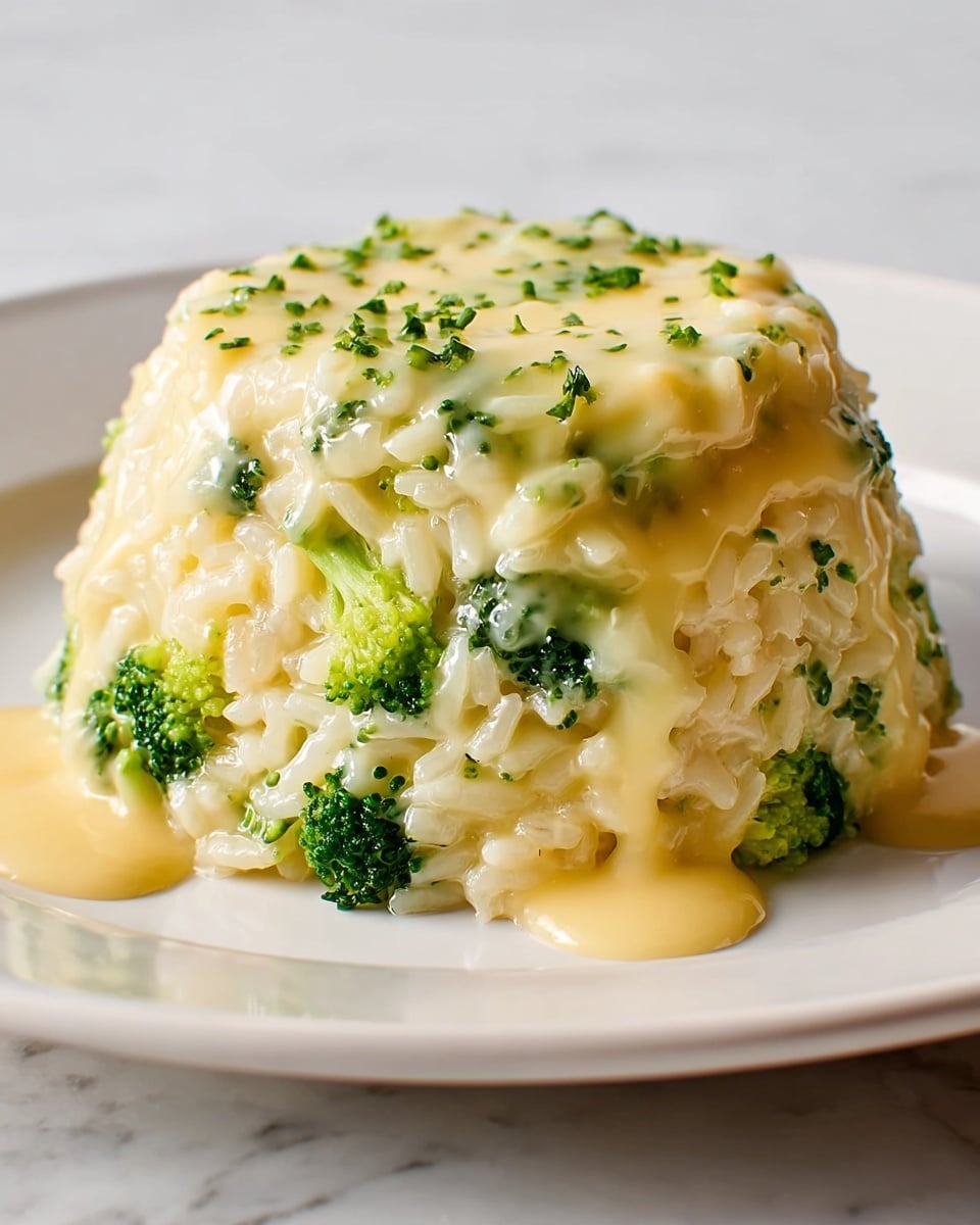 A single mound of creamy risotto is plated in the center of a white plate, with visible pieces of light green broccoli evenly mixed throughout the risotto. The risotto has a glossy sheen from melted cheese or sauce, giving it a slightly lumpy texture with small grains of soft rice clinging together. Fresh chopped green herbs are sprinkled lightly on top, and the edges of the risotto are rounded but slightly melting outward onto the plate. The background shows a clean white marbled surface. photo taken with an iphone --ar 4:5 --v 7