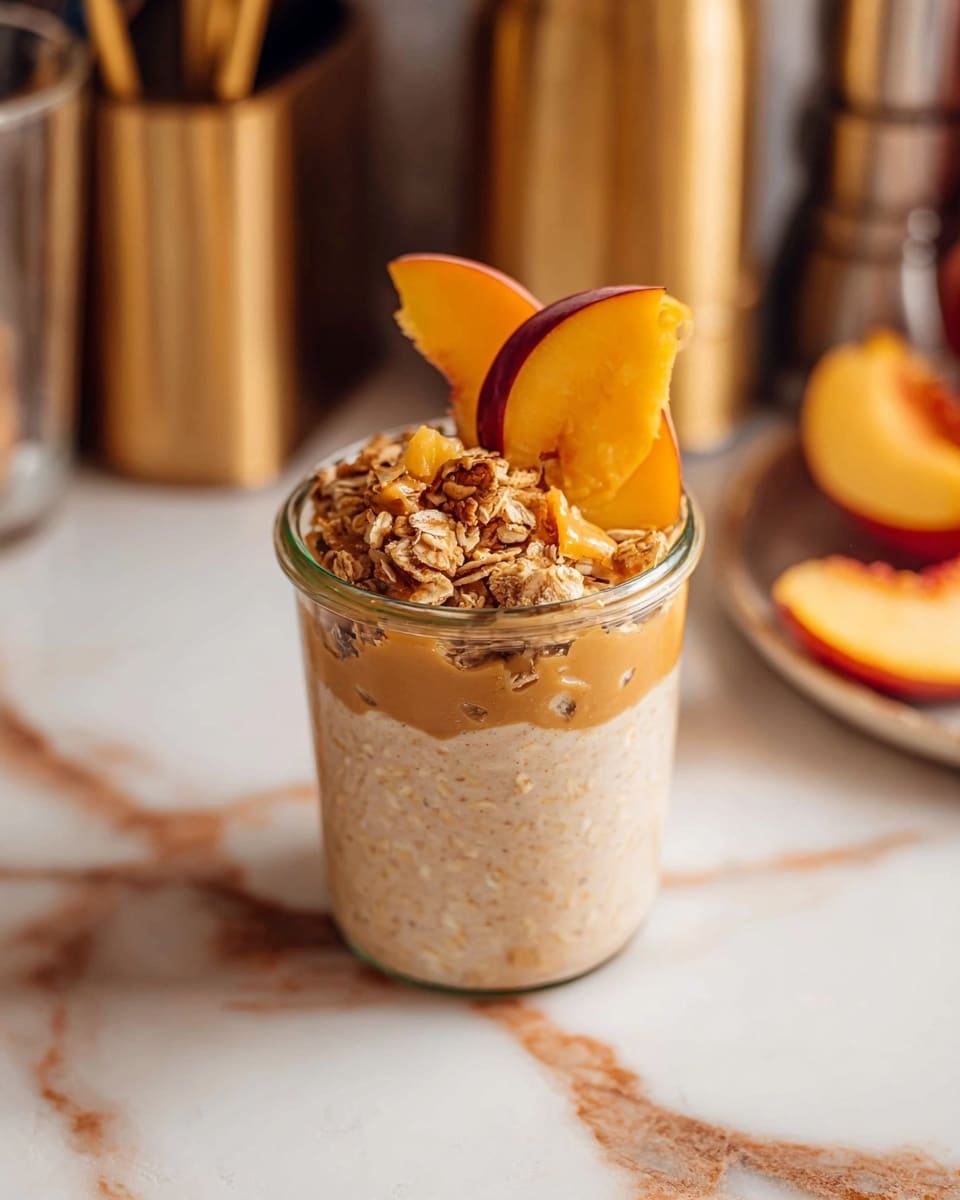 A small clear glass jar filled with three visible layers: the bottom and middle are creamy light beige oatmeal, and the top layer has a cluster of golden brown crunchy granola pieces and two thin, curved slices of fresh peach leaning against each other, placed on a white marbled surface with golden utensils blurred in the background. Photo taken with an iphone --ar 4:5 --v 7