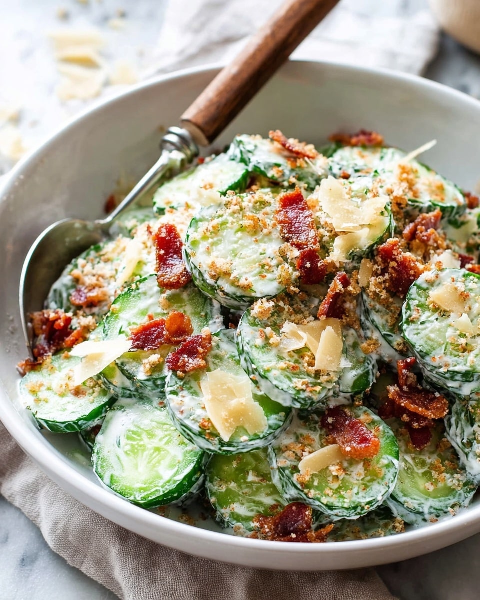 A close-up view of a white bowl filled with a creamy cucumber salad, with about two layers of thick cucumber slices coated in a white creamy dressing. Scattered on top are small bits of crispy bacon in reddish-brown color and thin, pale yellow cheese shavings creating texture contrast. The salad is sprinkled with a crumbly, light brown topping, possibly breadcrumbs or ground nuts, adding grainy texture. A metal fork with a wooden handle rests inside the bowl on the left side. The bowl is placed on a white marbled surface with a soft cloth underneath. Photo taken with an iphone --ar 4:5 --v 7