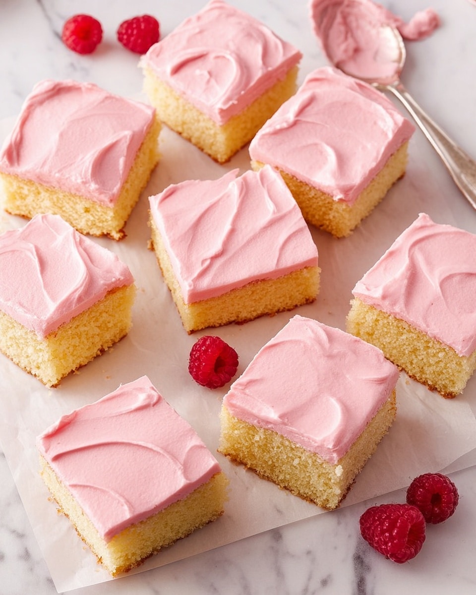 This image shows nine square pieces of yellow cake with a thick layer of smooth, pink frosting on top. Each cake piece has one layer, with the soft yellow cake on the bottom and an even spread of light pink frosting covering the top surface, showing some swirled texture. Two cake pieces are positioned sideways, revealing the spongy cake texture underneath the frosting. A spoon with pink frosting leftover lies near the top right, and two fresh red raspberries are scattered on the white marbled surface around the cakes. The scene is clean and bright. photo taken with an iphone --ar 4:5 --v 7