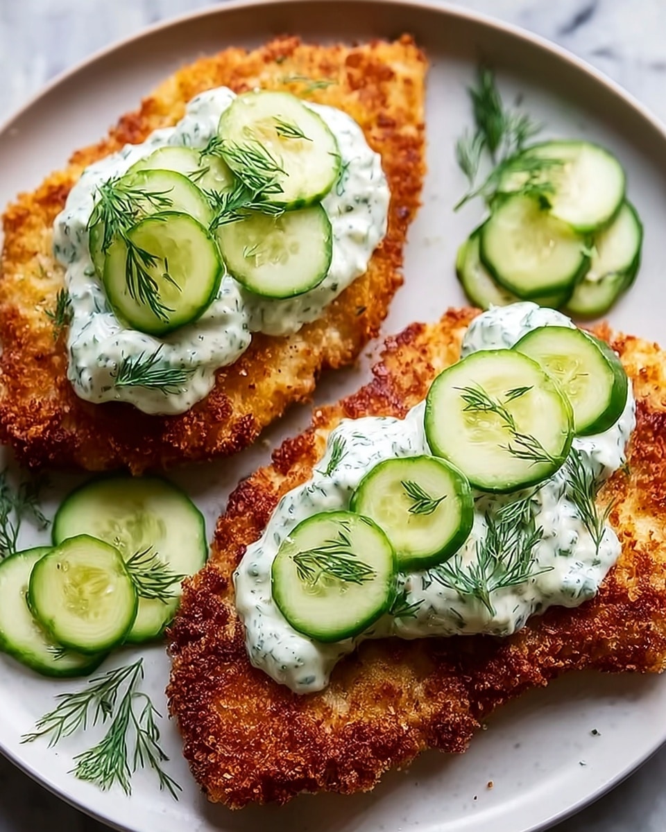 Two pieces of golden-brown crispy fried chicken breasts sit on a white plate, each topped with a thick layer of creamy white sauce mixed with green herbs. On top of the sauce, there are thin green cucumber slices and small sprigs of fresh dill. More cucumber slices are scattered on the plate around the chicken. The plate is set on a white marbled surface. photo taken with an iphone --ar 4:5 --v 7