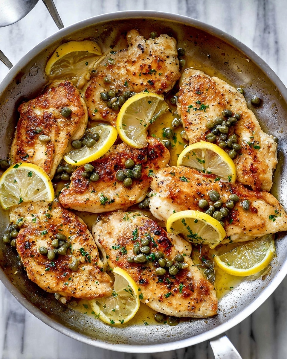 A white pan filled with nine pieces of golden brown cooked chicken breast arranged closely, each piece showing crispy, slightly charred texture on top. Scattered over and under the chicken are small green capers and several thin yellow lemon slices adding contrast. The chicken is glistening with a light sauce that pools slightly at the bottom, and small green herb bits are sprinkled evenly over the dish. The setting includes a white marbled surface beneath the pan creating a clean and bright background. photo taken with an iphone --ar 4:5 --v 7