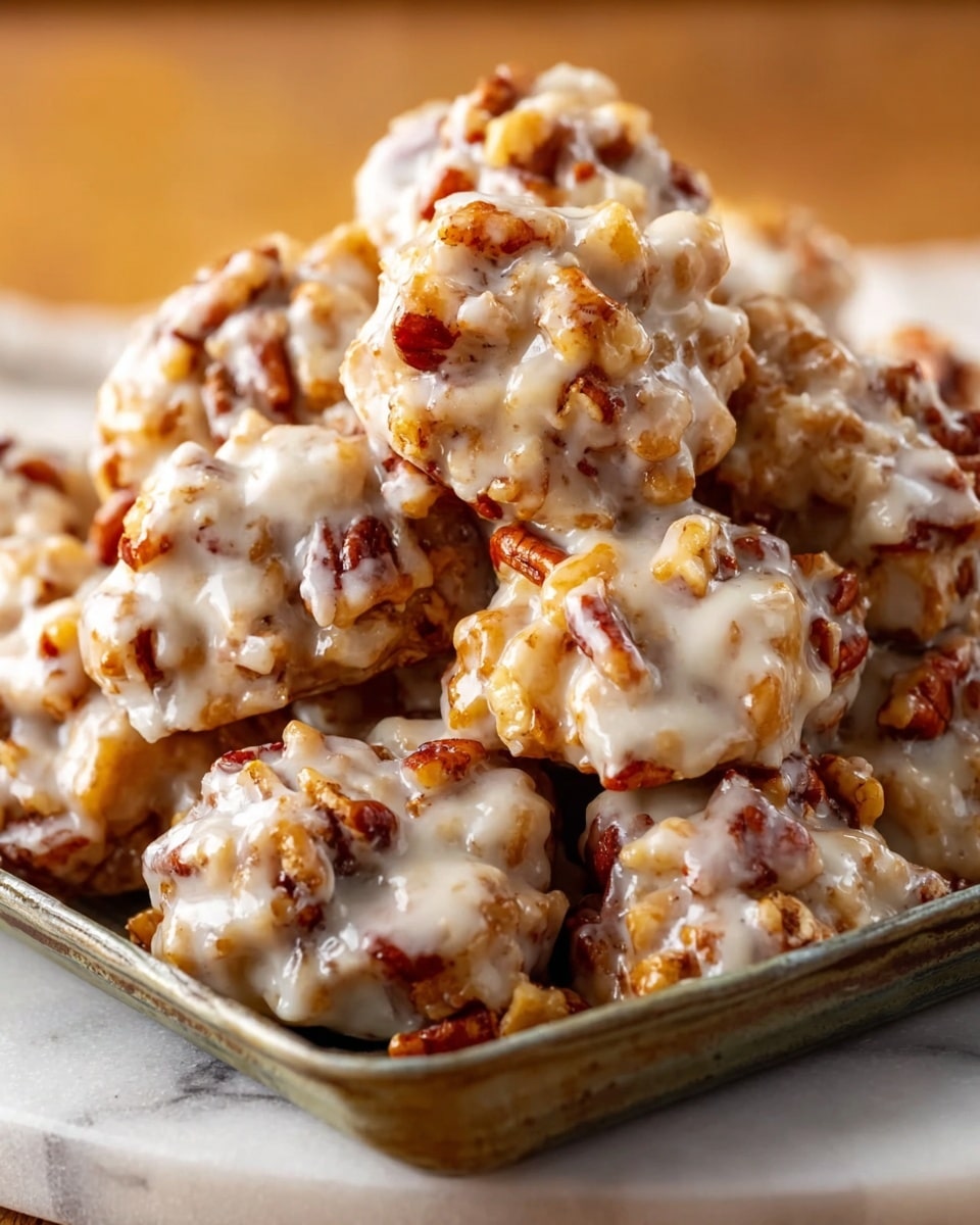 The image shows a close-up of a silver square tin filled with many clusters of pecan nut cookies. Each cookie has a rough, bumpy texture made from chopped pecans held together with a shiny, smooth, light caramel or glaze coating that gives them a slightly glossy look. The colors are mostly warm browns from the toasted pecans and a pale creamy beige from the glaze. The tin is placed on a white marbled surface with soft warm lighting that highlights the texture and glossiness of the cookies. Photo taken with an iphone --ar 4:5 --v 7