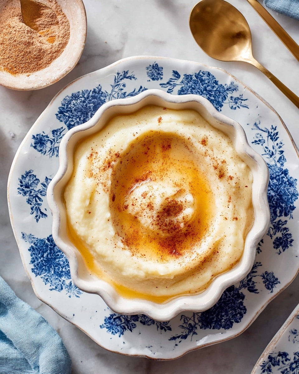 A white scalloped bowl holds a smooth, creamy beige pudding with a slight swirl pattern on top, creating a small hollow in the center filled with a glossy golden honey layer sprinkled with fine granules of brown sugar and cinnamon. This bowl sits on a white plate adorned with a blue floral pattern. The whole scene is set on a white marbled surface, with a golden spoon placed to the right and a beige cloth partially visible to the left. photo taken with an iphone --ar 4:5 --v 7