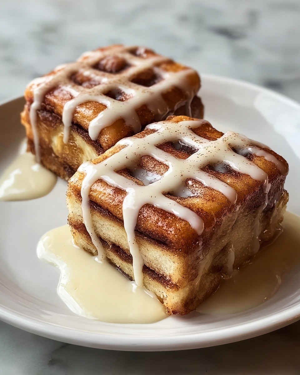 Two square pieces of cinnamon roll stacked side by side on a white plate. Each piece shows three visible layers of soft, light tan dough swirled with dark brown cinnamon sugar. The top layer is golden brown and sprinkled lightly with cinnamon powder. White icing is drizzled in a crisscross pattern on top and a little pools of icing sit on the plate around the base. The plate is placed on a white marbled surface. photo taken with an iphone --ar 4:5 --v 7