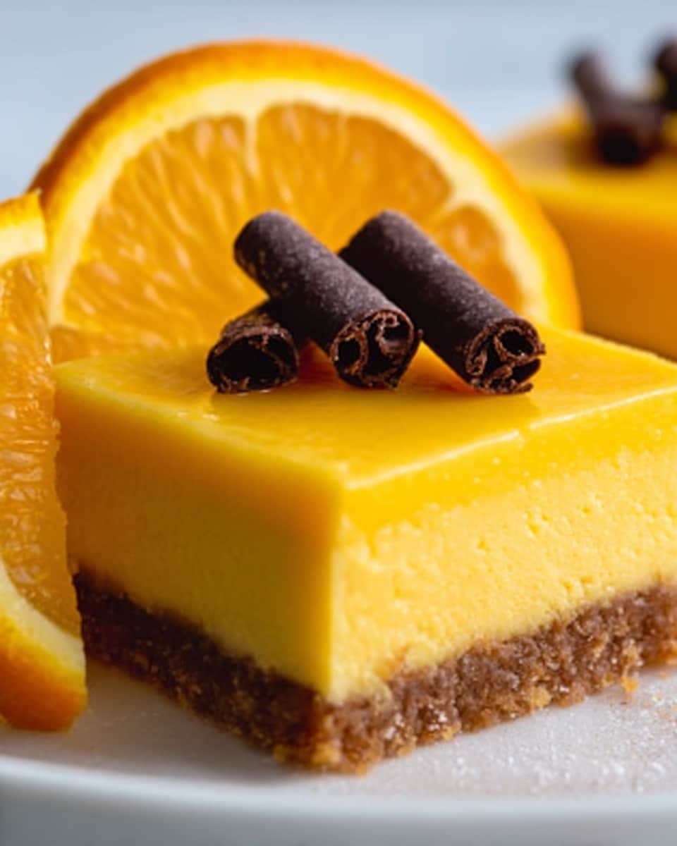 The image shows a close-up of a bright yellow dessert square with two distinct layers: a thick, smooth yellow top layer with a glossy finish and a lighter, soft-looking bottom layer. On top of the dessert, there are three dark brown chocolate curls with a shiny texture. To the side of the dessert, there are two thin orange slices with a juicy, fresh texture. The dessert rests on a white marbled surface. Photo taken with an iphone --ar 4:5 --v 7